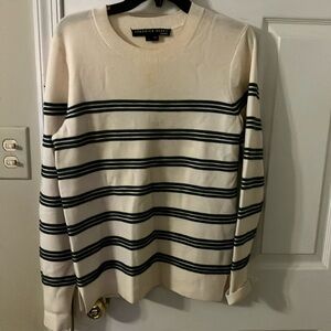 Veronica Beard- Crew Neck Ivory with Olive Stripes Long Sleeve Sweater, Large